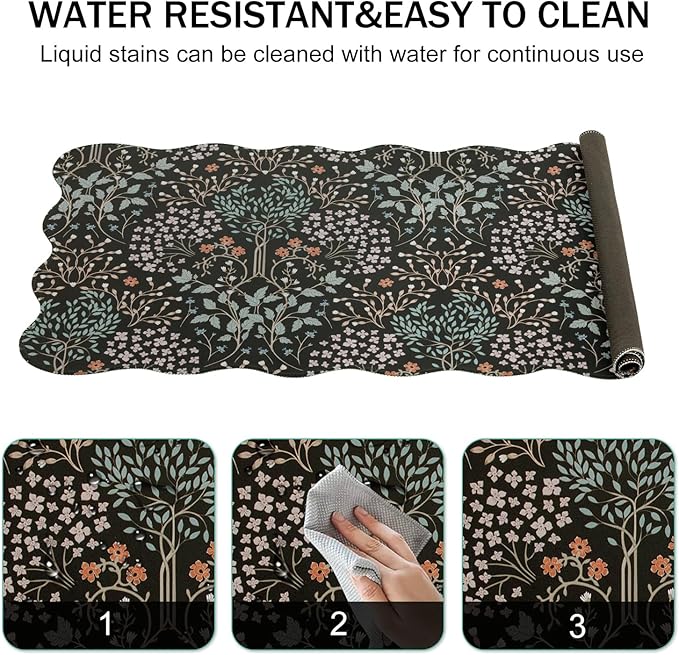 L-SPOUTTO Botanical Mouse Pad,Black Desk Mat XXL Large Scalloped Gaming Mousepad,35.4x15.12in Non-Slip Base Keyboard Pad Waterproof Desktop Mat for Laptop Computer Game Home Office-Seamless Plants