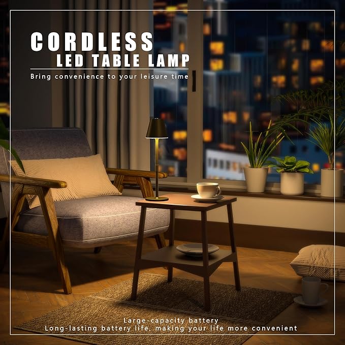 1-Pack Cordless Table Lamps - 5000mAh Rechargeable Battery Operated Desk Lamp, 3-Level Dimmable LED Night Light for Bedroom, Dining, Restaurant - Metal Design (Bronze 1-Pack)