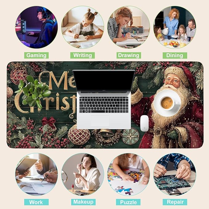 Desk Mat, XXL Extended Gaming Pad for Desktop, 35x16 Inches Vintage Santa, Large Non-Slip Vegan Leather Keyboard Mouse Mat for Home Office