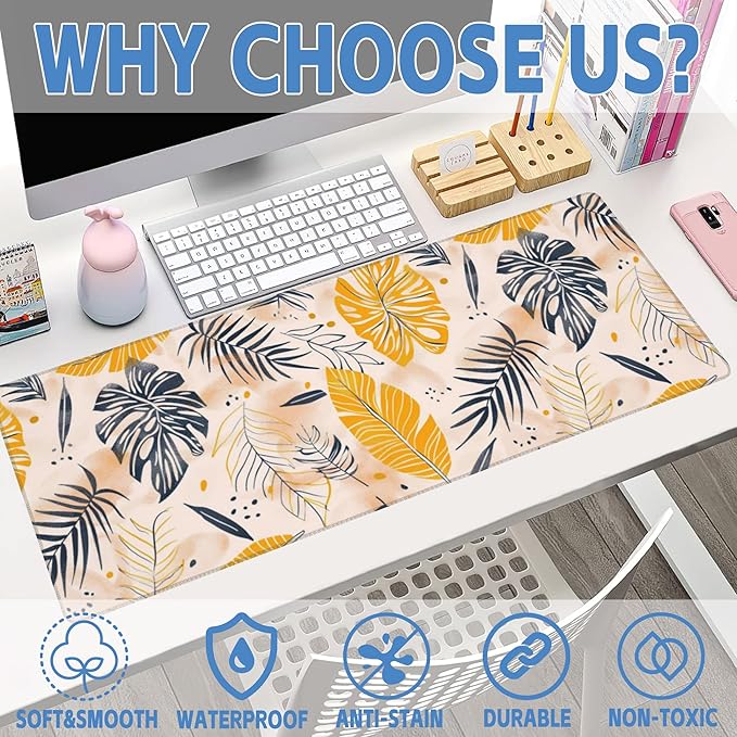 Desk Mat, Boho Palm Leaves Large Gaming Mouse Pad for Desk XL,Boho Tropical Leaves Desk Pad,Extended Big Computer Keyboard Mouse Pad with Non-Slip Base and Stitched Edge 31.5"x11.8"