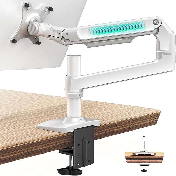 Heavy Duty Single Monitor Arm, Mechanical Spring Desk Mount for 13-40 Inch Ultrawide Screens, Holds up to 25lbs, High-Grade Aluminum VESA Mount with C-Clamp & Grommet Base, No-Droop, White
