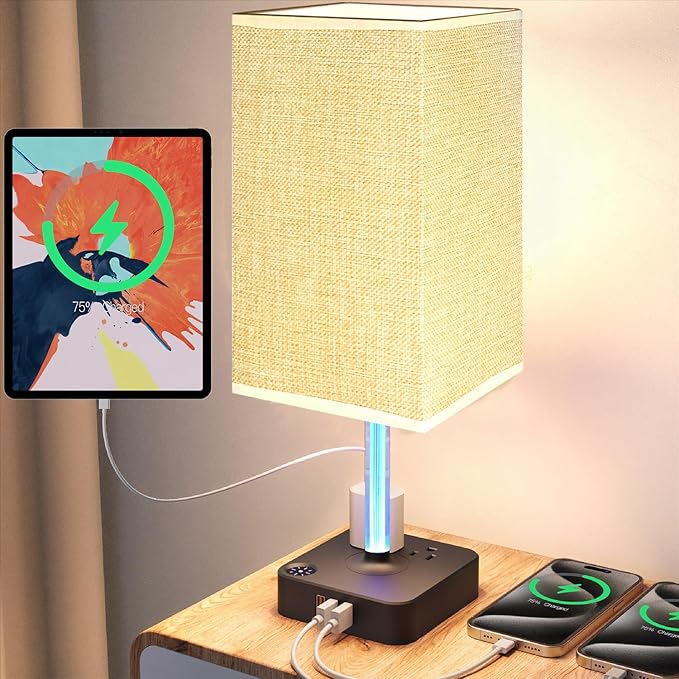 Bedside Table Lamp - Touch 3 Way Dimmable Lamp with 3 USB Charging Ports & 2 AC Outlets, Square Base Rectangular Flaxen Shade, Bedroom, Office, Dorm, Decor, LED Bulb Included (Black-Beige)