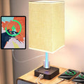 Bedside Table Lamp - Touch 3 Way Dimmable Lamp with 3 USB Charging Ports & 2 AC Outlets, Square Base Rectangular Flaxen Shade, Bedroom, Office, Dorm, Decor, LED Bulb Included (Black-Beige)