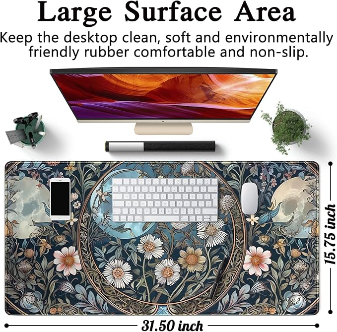 Tarot Triple Moon Desk Mat Retro Aesthetic Desk Pad Daisy Vintage Floral Extended Mouse Pad Large Gaming Mousepad XXL Laptop Computer Mouse Keyboard Mat 31.5 x 15.7 in for Office Desk Decor