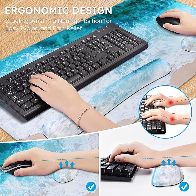 iCasso Keyboard Mouse Pad Set, Extended Gaming Mouse Pad + Keyboard Wrist Rest Support, Memory Foam, Easy Typing & Comfort, 3Pcs (35.4×15.7 in) Large Ultra Thick Mousepad Desk Mat (Beach)