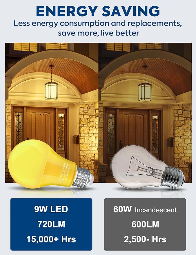 Yellow Bug Light Bulbs Outdoor, A19 LED Lights 9W, (60W to 100W Equivalent), Amber Yellow, Not-dimmable, E26 Base Bulb for Outside, Nursery, Sleep, Porch Garage, 4 Pack