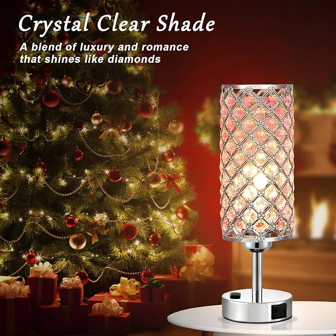 Hong-in Pink Crystal Lamp Set of 2, 3 Way Dimmable Touch Lamp for Bedroom with Crystal Shade, Bedside Nightstand Lamps for Living Room Bedroom Home Office