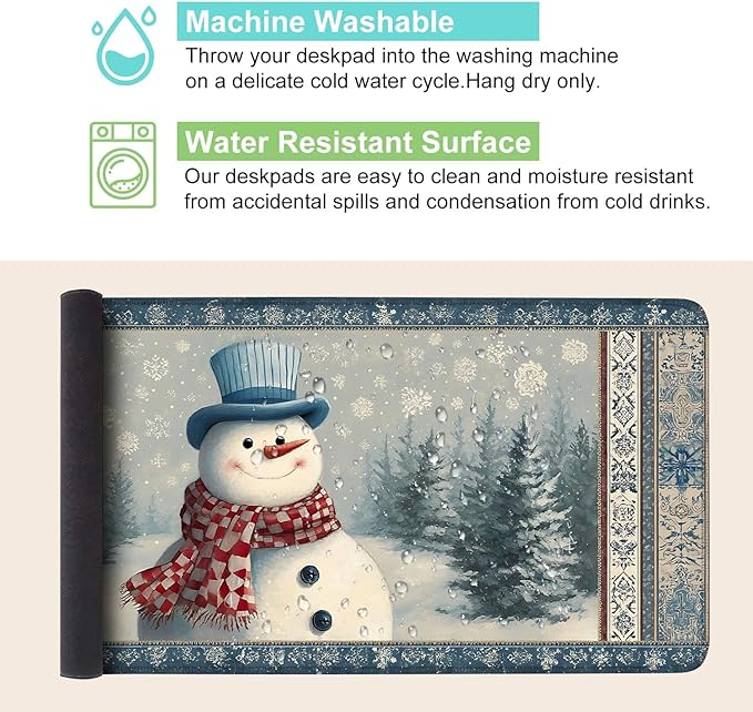 Desk Mat, XXL Extended Gaming Pad for Desktop, 31x12 Inches Winter Snowman in Snowy Forest, Large Non-Slip Vegan Leather Surface with Stitched Edges, Keyboard Mouse Mat for Home Office