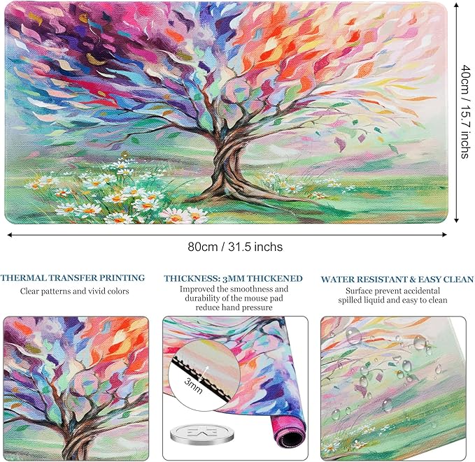 Desk Pad Oil Painting Tree, Desk Matt for Desktop, Seasons Tree of Life Gaming Mouse pad Extend XXL Large Anti-Slip Stitched Edges Waterproof Computer Laptop Keyboard Mat for Game, Home, Work, Office