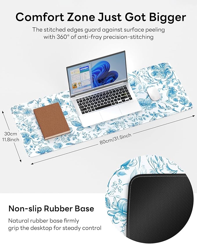 Floral Mouse Pad, 31.5 x 11.8 Large Desk Mat with Stitched Edges & Non-Slip Base, Mousepad for Office, Home, Work, Elegant Flower