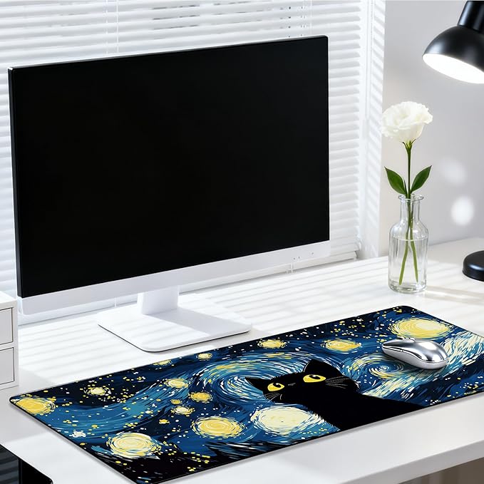 Large Mouse Pad 35.4x15.7 Inch Starry Night Black Cat Gaming Desk Mat with Non-Slip Rubber Base, Stitched Edges for Gaming,Office