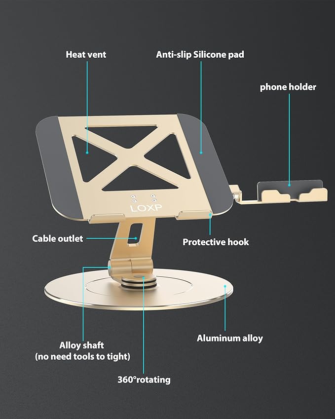Ultra-Stable Aluminumy Laptop Stand for Desk with Foldable Phone Holder, 300% Large Base Stability, Anti-Loosening, Lectern Stand Suitable for 10"-17.3" Laptops, Champagne Golden