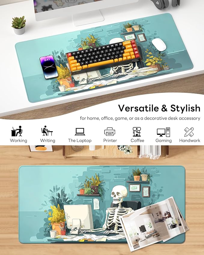 XL Gaming Mouse Pad, 31.5x15.7'' Large Desk Mat with Anti-Slip Rubber Base & Stitched Edges for Gaming, Office, Home, Office Skeleton