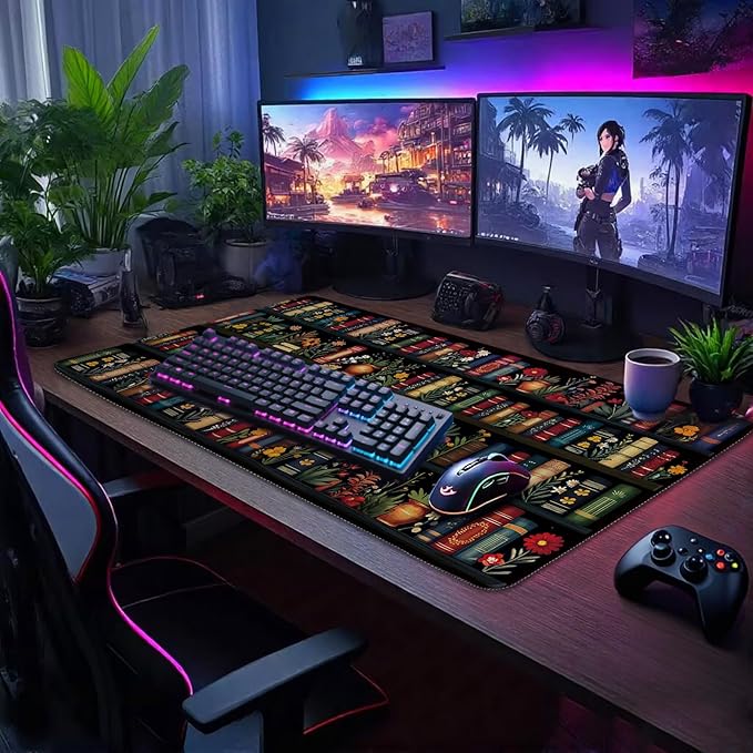 Vintage Library Bookshelf Large Gaming Mouse Pad 31.5"x15.7"｜ Flower XXL Desk Mat, Non-Slip Rubber Base & Stitched Edges - Extended Waterproof Mousepad for PC/Laptop/Office/Home Decor