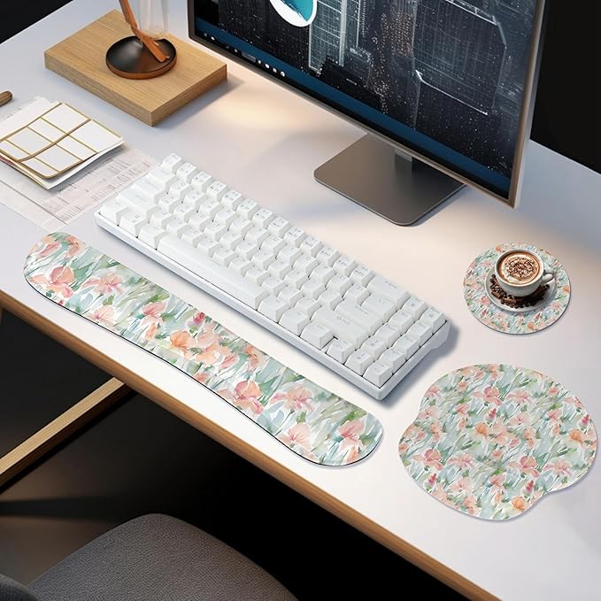 Ergonomic Keyboard Mouse Pad Wrist Rest Support Set for Laptop/Computer/Desktop,Memory Foam Hand Rest Wrist Cushion for Gaming/Office,Lightweight Comfortable (Watercolor Flowers)