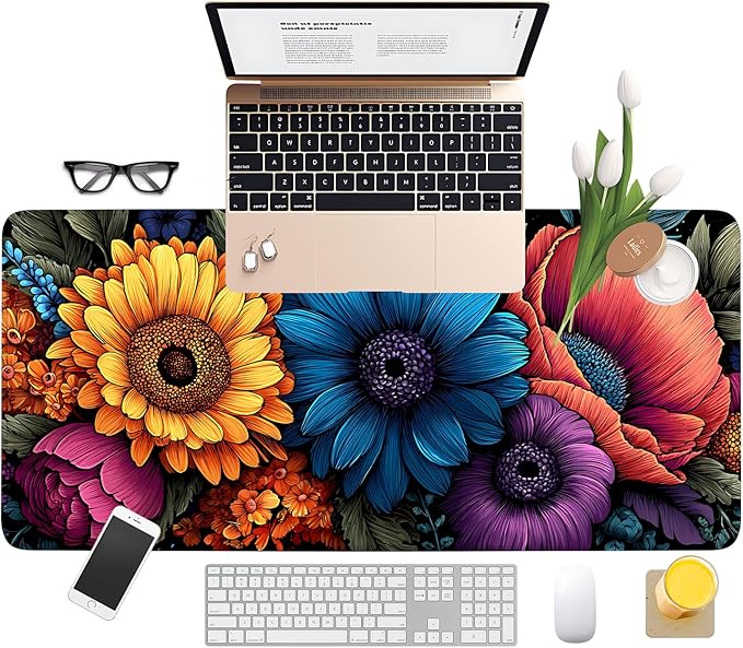 Spring Flowers Extended Gaming Mouse Pad 35.4x15.7Inch Large Desk Mat Anti-Slip Rubber Base & Durable Stitched Edges for Gamers Smooth Mouse Writing Surface for Desk Office/Home