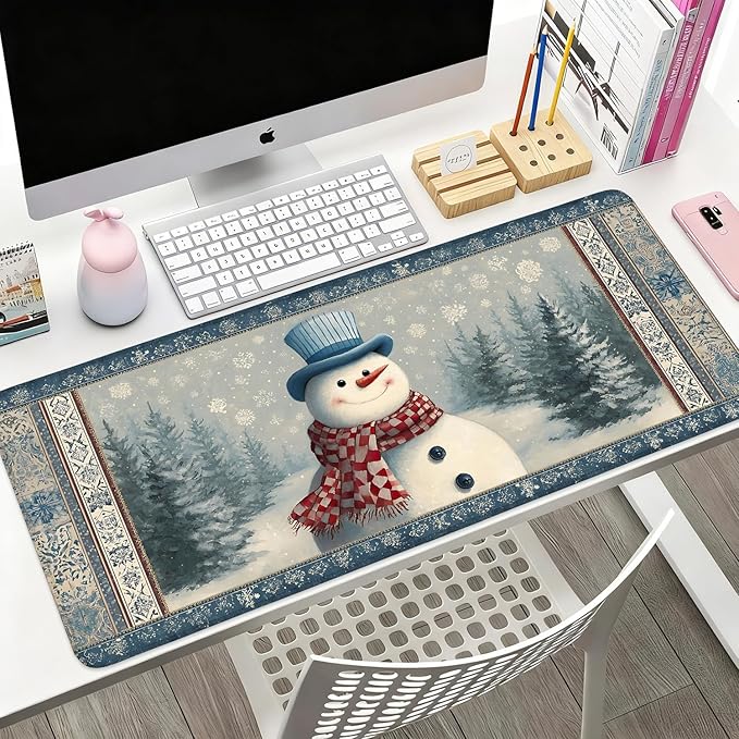 Desk Mat, XXL Extended Gaming Pad for Desktop, 31x12 Inches Winter Snowman in Snowy Forest, Large Non-Slip Vegan Leather Surface with Stitched Edges, Keyboard Mouse Mat for Home Office