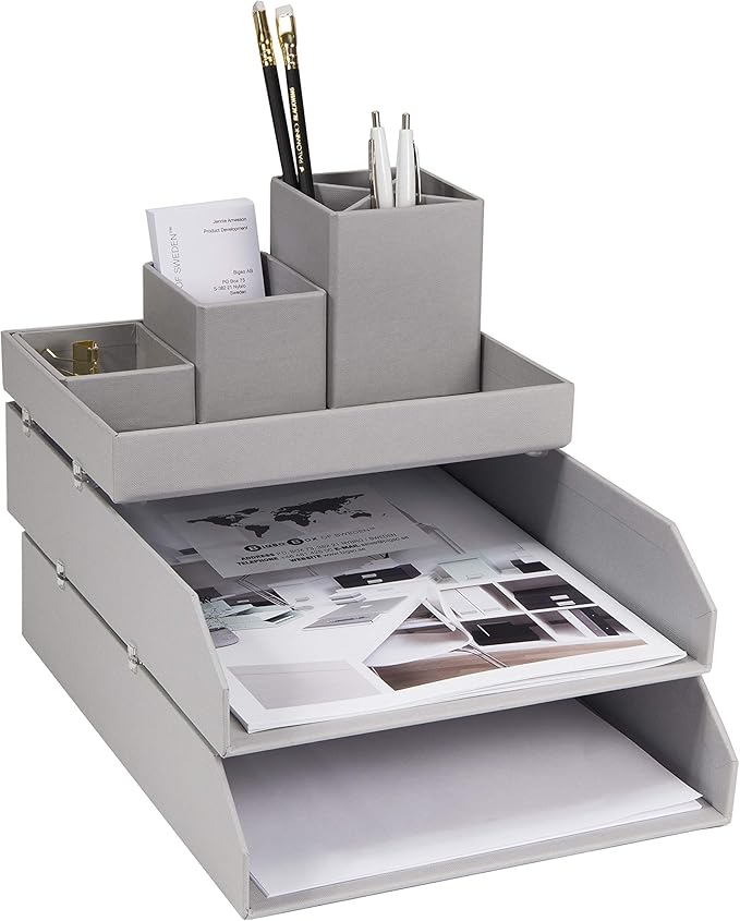 Bigso Hakan Letter Trays - Stackable Paper Tray Organizer with Stable Rubber Feet for A4 or Letter Size Documents - 9.1 in x 12.2 in x 2.4 in - Pack of 2 - Grey