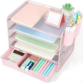 Desk Organizers and Accessories, 5-Tier Paper Letter Tray Organizer with Drawer & 2 Pen Holders, Desktop Organizer for Office Supplies (Pink)