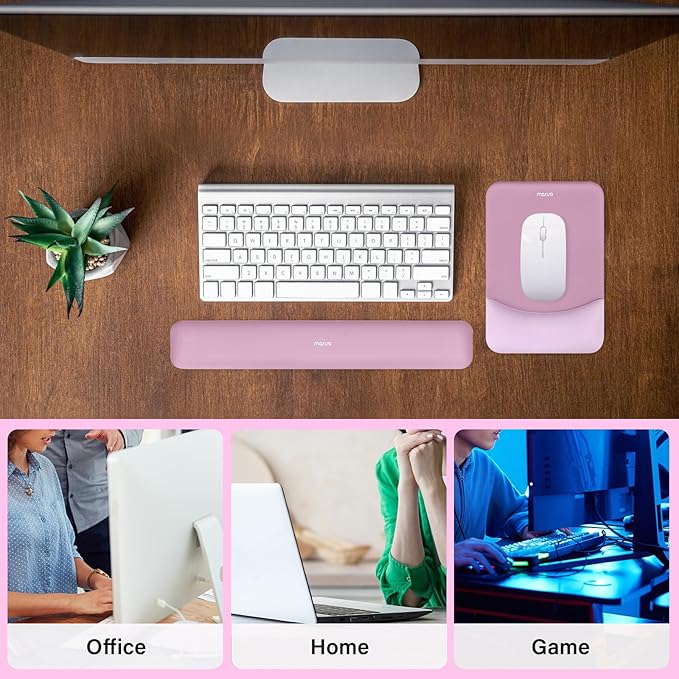 MOSISO Wrist Rest Support for Mouse Pad&Keyboard Set, Rectangular Ergonomic Mousepad Non-Slip Base Home/Office Easy Typing Pad with Neoprene Cloth&Raised Silicone Lining, Mauve Pink