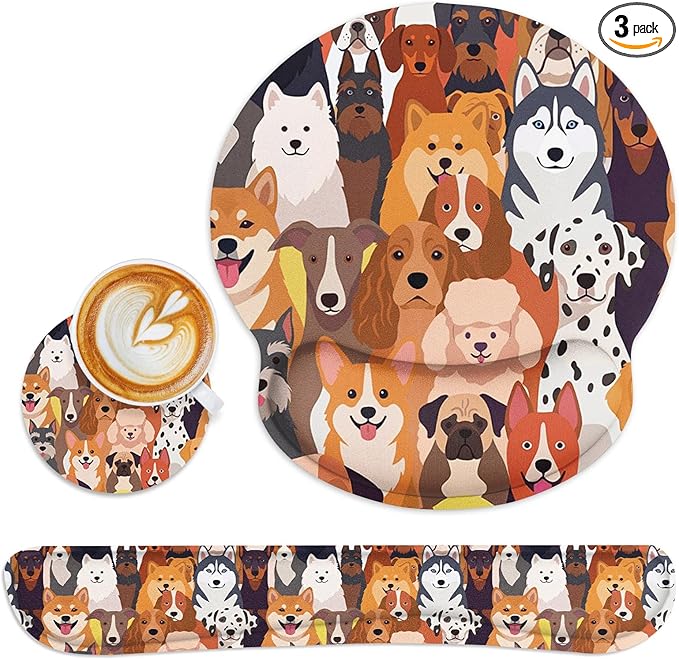 Britimes Ergonomic Mouse Pad Set with Wrist Rest Colorful Doodle Dogs Non-Slip Rubber Base Wrist Cushion Support and Coasters Mousepad with Wrist Support for Computer Keyboard and Desk