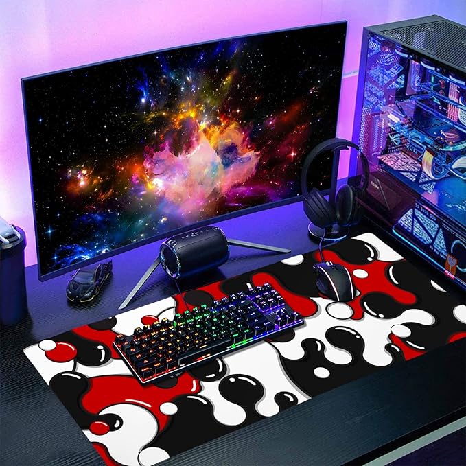 aportt Red Black White Mouse Pad Anime Cool Geometric Japanese Extended Desk Mat 90X40 CM Non-Slip Rubber Base Stitched Edge Large XXL Mousepad for Gaming Laptop Computer Desktop 35.4×15.7 Inch