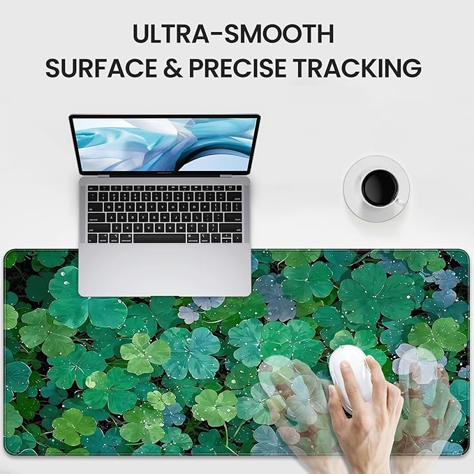 XXL Gaming Mouse Pad, Lucky Four-Leaf Clover Design, 35.4 x 15.7 Inches, Microfiber Cloth, Non-Slip Rubber Base, Extended Desk Mat
