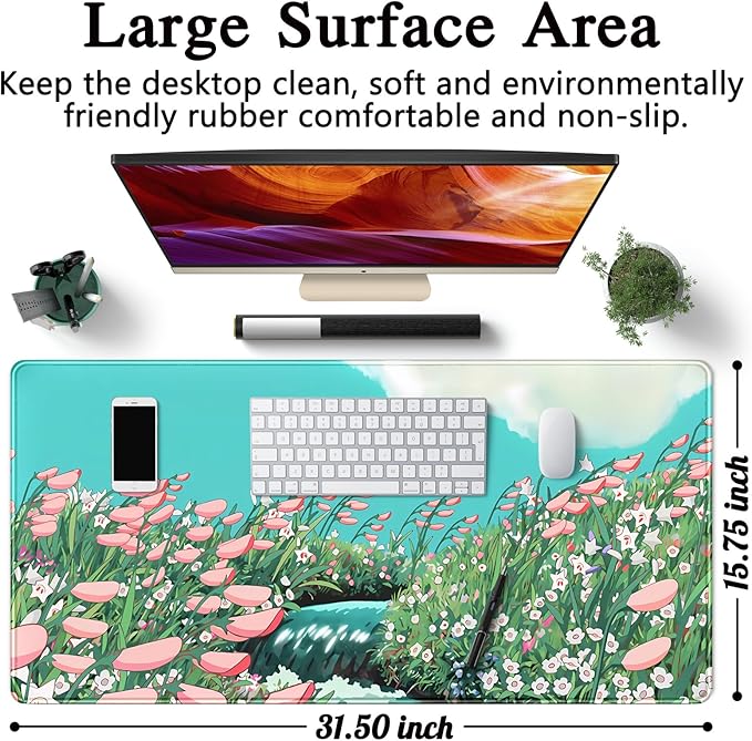 Cute Anime Floral Desk Mat Sage Green Large Mouse Pad XL Gaming Mousepad Kawaii Desk Keyboard Pad Laptop Computer Mouse Mat Cute Desk Decor Desk Pads On Top of Desks for Desktop 31.5''X 15.7''