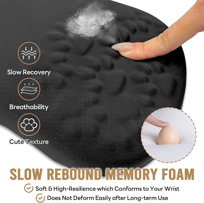 Black Ergonomic Mouse Pad with Wrist Rest Support,Non-Slip PU Bottom & Memory Foam Massage Bulge Cat Paw Pad Design,Relieves Carpal Tunnel Pain-an Ideal Mousepad for Office Desk Accessories