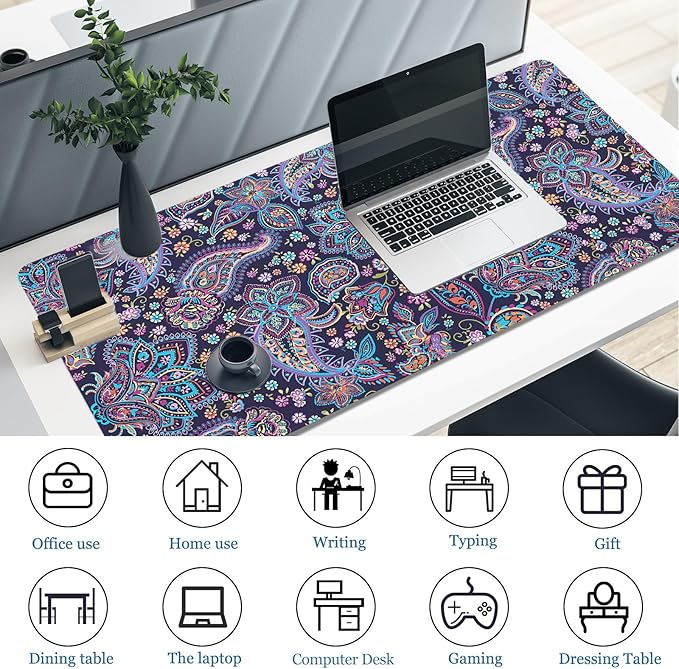 Mouse Pad Paisley Floral, Desk Mat for Desktop, Purple Flowers Desk Pad Extended XXL Large Gaming Mouse pad Anti-Slip with Stitched Edges Waterproof Computer Laptop Keyboard Desk Mat for Women Girls