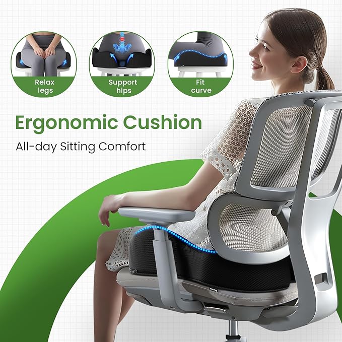 A-Pce Seat Cushion-Large Memory Foam Cushion for Office Chair-Sciatica & Lower Back & Coccyx Pain Relief-Coccyx Cushion for Car&Long Sitting at Work,Black