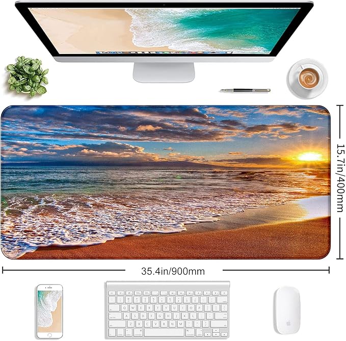 Large Extended Gaming Mouse Pad with Stitched Edges, Non-Slip Waterproof Rubber Base Mouse Pad for Office, Computer, Keyboard, Laptop and Home Desk Pad 35.4 x 15.7 x 0.12 Inch (Beach At Sunset)