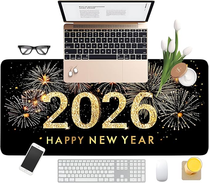 Happy New Year - 2026 Extended Gaming Mouse Pad 35.4x15.7Inch Large Desk Mat Anti-Slip Rubber Base & Durable Stitched Edges for Gamers Smooth Mouse Writing Surface for Desk Office/Home