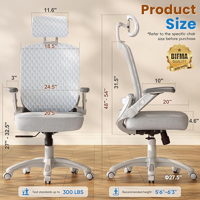 GABRYLLY Ergonomic Office Chair, High Back Home Desk Chair with Flip-Up Arms, 3D Headrest, Thick Sponge Seat &90-120° Recline, Big and Tall Mesh Executive Chairs for Man Woman, Glacier Flow