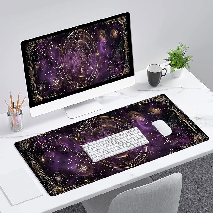 Purple Star Moon Card Desk Pad Mouse Pad Mysterious Galaxy Large Gaming Mouse Mat with Stitched Edges,Non-Slip Waterproof Rubber Base Mous Mat 31.5"x11.8" Office Computer Keyboard Laptop Home