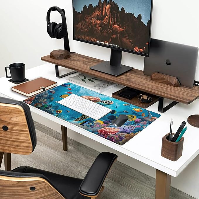 XXL Mouse Pad,Sea Turtle with Colorful Fish Large Gaming Mouse Pad,The Underwater World Desk Mat,Extended Big Computer Keyboard Desk Pad with Non-Slip Base Stitched Edges 35.4"x15.7"