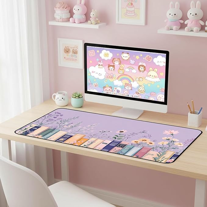 Purple Book Desk Pad Mat XXL, Lavender Flower Large Mousepad, Game Desk Mat, Extended Laptop Keyboard Mats, Cute Desktop Protection Pad, Women's Home Office Desk Decoration 31.5"X15.7"