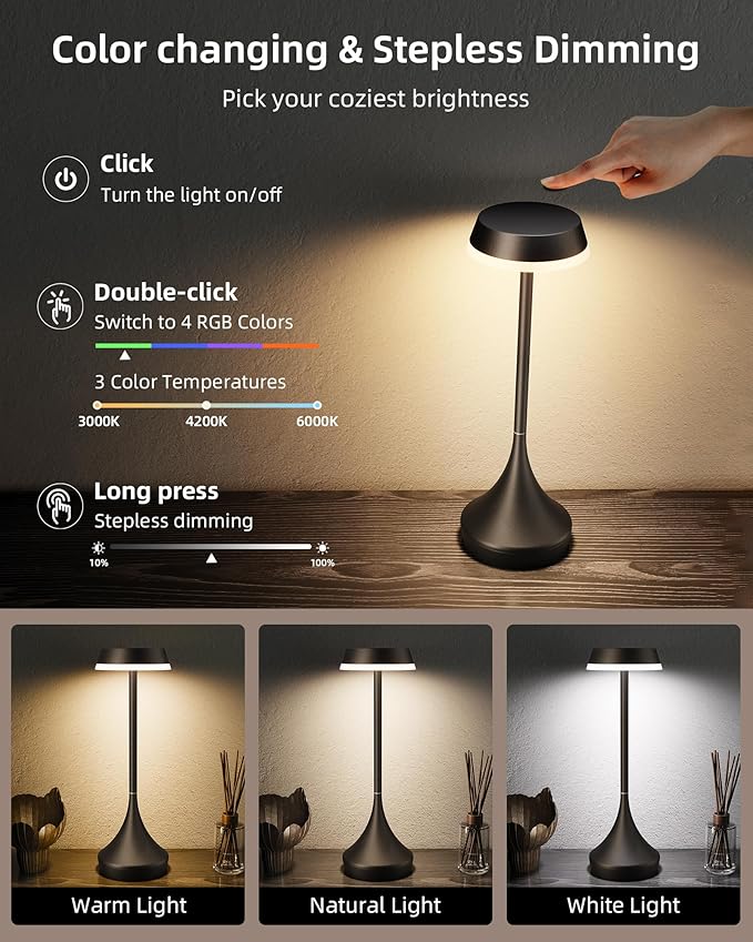Cordless Lamp, 6000mAh, Outdoor Waterproof, Touch Control, Dimmable, 3 Color Temperature, RGB, LED Memory Function, Portable Battery Operated, Rechargeable Table Lamp Patio Dinning Restaurant Kitchen