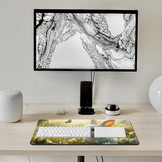 Large Ergonomic Gaming Mouse Pad Baby Bunny in Daisy Field - Sweet Rabbit Theme with Non-Slip Base Water-Resistant Surface and Stitched Edges 30x60cm
