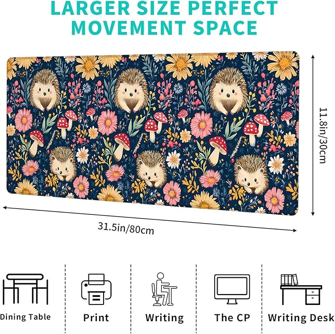 Hedgehog Gaming Mouse Pad,12x31.5in Non-Slip Rubber Cute Floral and Mushroom Desk Mat,Large Extended Rustic Animal Mousepad for Office Home Laptop,Mice Pads Gifts,Game Lover Deskmat Decor