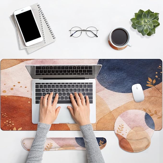 Britimes Abstract Boho Keyboard Mouse Pad Set 4in1 Large Mousepad+Keyboard Wrist Rest+Mouse Wrist Rest+Coaster Set with Ergonomic Design for Home Office Computer 35.4x15.7 inches
