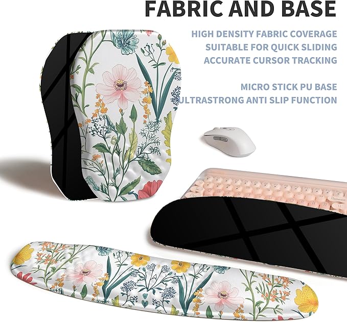 2-in-1 Ergonomic Set, Wave Keyboard Wrist Rest and Massage Slope Mouse Pad Wrist Support, Rebound Memory Foam for Ergonomic Comfort (Pink Flowers)