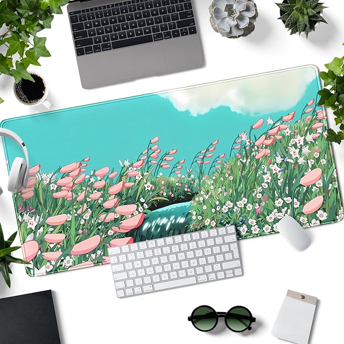Cute Anime Floral Desk Mat Sage Green Large Mouse Pad XL Gaming Mousepad Kawaii Desk Keyboard Pad Laptop Computer Mouse Mat Cute Desk Decor Desk Pads On Top of Desks for Desktop 31.5''X 15.7''