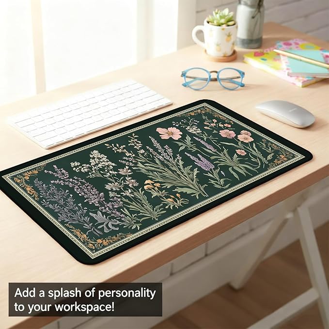 Deep Green Retro Desk Pad, Plant Flower Mouse Pad XXL, Large Gaming Mouse Mat, Laptop Pad, Desktop Protective Pad, Computer Mats with Stitched Edges, Women Office Desk Accessory 31.5"X15.7"