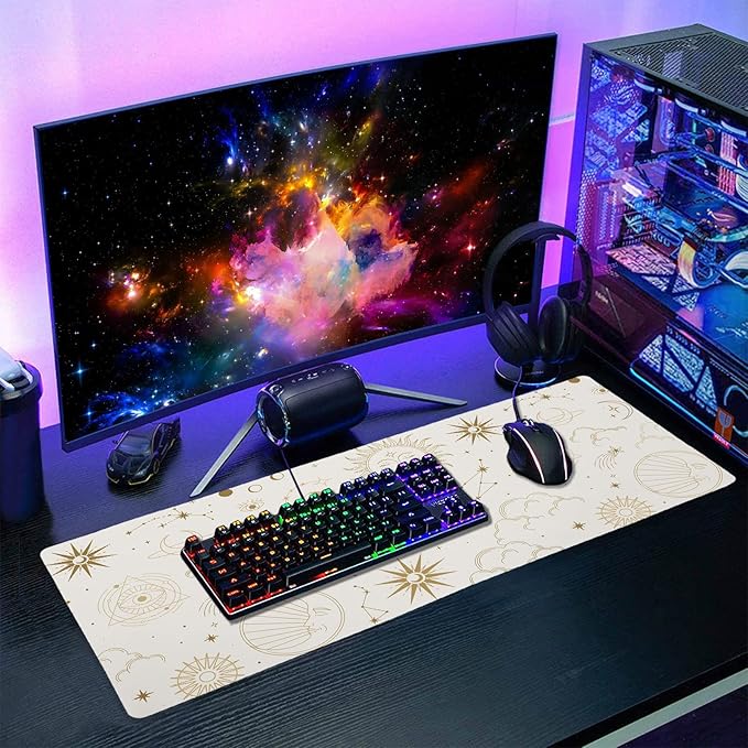 aportt Boho Chic Sun Moon Large Mouse Pad XL Magic Mystical Galaxy Stars Clouds Extended Large Desk Mat Big White Desk Pad 80X30 CM Non-Slip Rubber Base Stitched Edge Long Mousepad,31.5×11.8 Inch