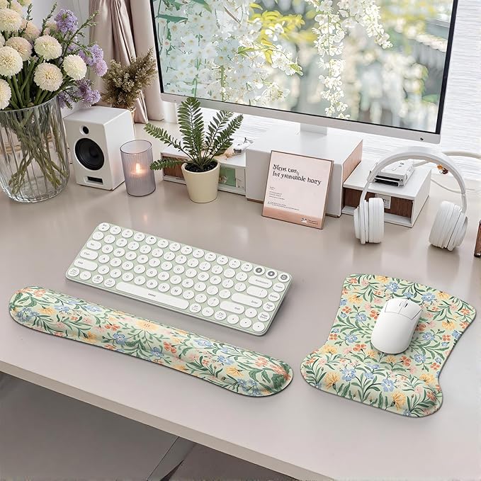 iCasso Ergonomic Mouse Pad, Keyboard Wrist Rest, Memory Foam Mousepad with Wrist Support, Easy Typing and Relieve Wrist Pain Keyboard Pad for Computer(Green Floral)