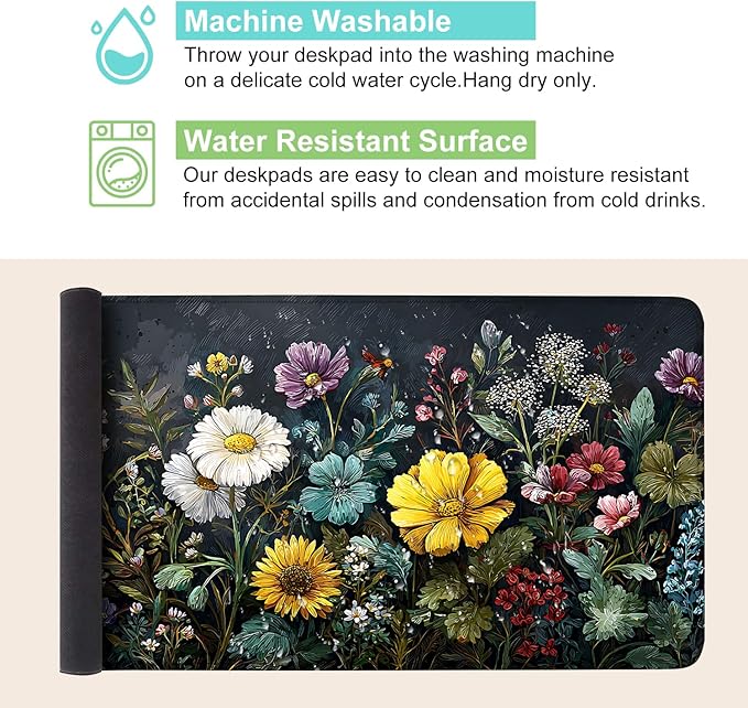 Desk Mat, XXL Extended Gaming Pad for Desktop, 31x12 Inches Vibrant Floral Colorful Flower Bouquet, Large Non-Slip Vegan Leather Surface with Stitched Edges, Keyboard Mouse Mat for Home Office