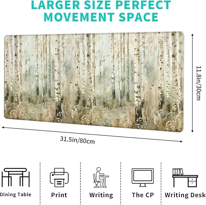 Birch Tree Gaming Mouse Pad,12x31.5in Non-Slip Rubber White Aspen Forest Nature Desk Mat,Large Extended Landscape Mousepad for Office Home Laptop,Mice Pads Gifts,Game Lover Deskmat Decor