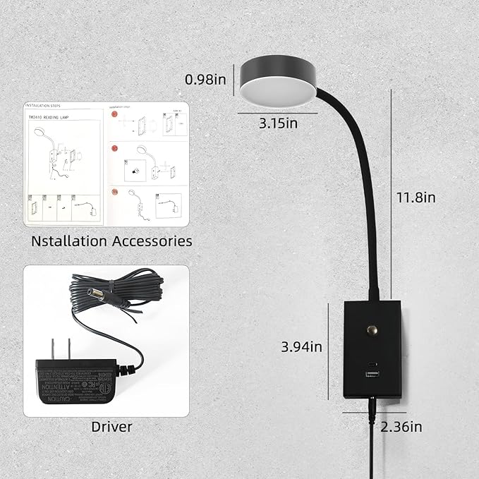 LED Wall Mounted Reading Light for Bed 2Pack, Flexible Gooseneck Book Light for Wall Bedside Lamp with USB-A/C Output,Touch Control 5 Dimmable Headboard Bed Lights