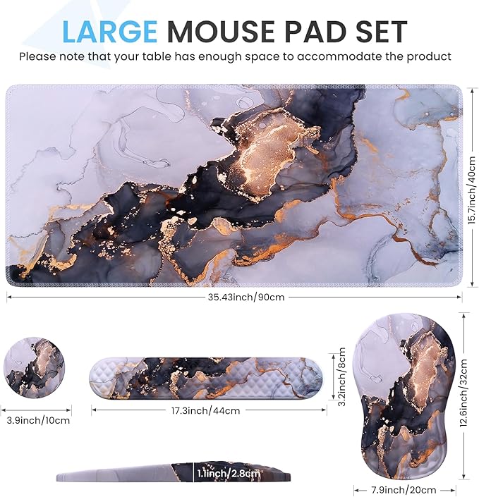 Desk Pad Mat, Large Mouse Pad with Wrist Rest, Ergonomic Keyboard Wrist Support, XXL Mousepad Set with Coaster, Computer Keyboard Matt for Laptop Desktop, White Gray Marble